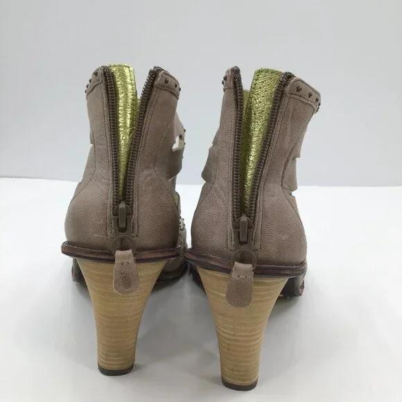 GLAM Size 9 Tsubo Sandals Heels Pumps Open Toe Strappy Taupe Gold Lined Ankle - Picture 5 of 13